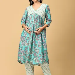 The Mom Store Women Floral Printed Regular Pure Cotton Kurta with Pyjamas & With Dupatta-image-42