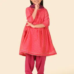 Fabindia Girls Floral Printed Round Neck Cotton Silk Anarkali Kurta with Salwar & Dupatta-image-17