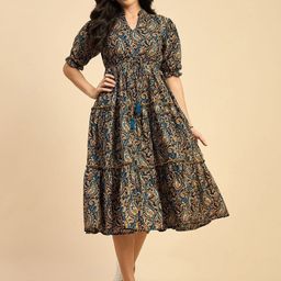 Raiyani Fashion Print Puff Sleeve Crepe Fit & Flare Midi Dress-picture-10