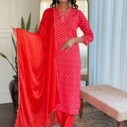 Lilots Women Leheriya Striped Regular Thread Work Pure Silk Kurta with Trousers & With Dupatta-image-71