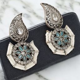 VIVAZS Silver-Plated Artificial Stones And Beaded Contemporary Oxidised Drop Earrings-6
