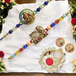 MEIRA JEWELLERY 2-Pcs Kundan Studded Thread Rakhi With Greeting Card & Roli Chawal-image-92