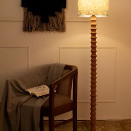 green girgit Brown & White Floral Printed Cylindrical Wooden Drum Floor Lamp-10