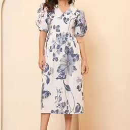 SHRIZA Women Floral Print Peter Pan Collar Puff Sleeve Fit and Flare Midi Dress-image-14