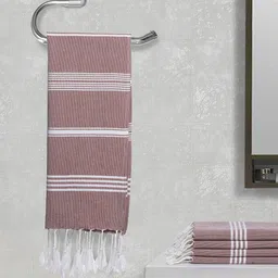 Arrabi Set Of 5 Red & White Striped Cotton Hand Towels-16