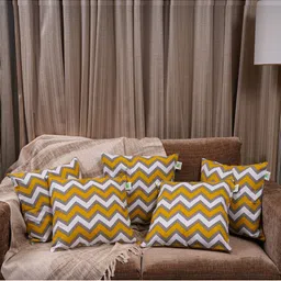 HOMEMONDE Yellow & White Set of 5 Geometric Square Cushion Covers-3