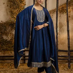 VredeVogel Floral Embroidered Zari Round Neck Anarkali Kurta With Trouser And Dupatta-picture-6