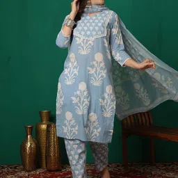 Sangria Printed 100% Cotton Round Neck Straight Kurta With Trouser & Dupatta-image-54