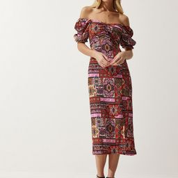 Happiness istanbul Women Ethnic Motifs Printed Off-Shoulder Puff Sleeve A-Line Midi Dress-image-7