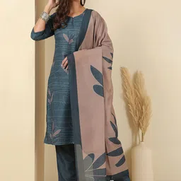 Anouk Floral Printed Keyhole Neck Straight Kurta With Trousers & Dupatta-picture-14