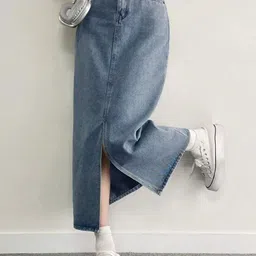 dolsia Indigo Front Slit A-Line Maxi Denim Skirt-image-5