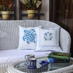 Crown of Poppies White & Blue 2 Pieces Floral Embroidered Cotton Square Cushion Covers-image-8