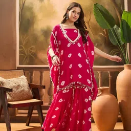 Sangria Bandhej Printed Kaftan & Tube Top With Sharara-35