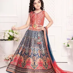 NKV Girls Ethnic Motifs Printed Mirror Work Ready to Wear Lehenga & Blouse With Dupatta-image-2