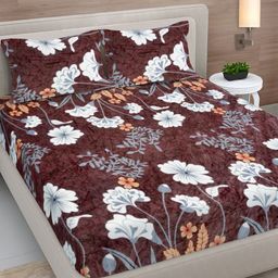 FABINALIV Brown & White Floral Woollen 300 TC Fitted Double King Bedsheet Set-2.50mX2.25m-image-82