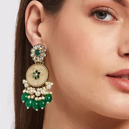ATIBELLE Gold-Plated Kundan Stone Studded & Beaded Contemporary Shaped Drop Earrings image 3