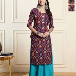 HERE&NOW Selection Of 3 Floral Printed Round Neck Straight Kurtas-image-81