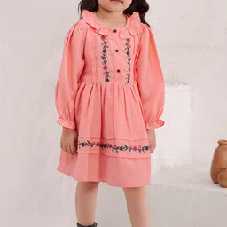 TINY TWILLS Girls Emboridered Puff Sleeve Linen Fit & Flare Dress-image-91
