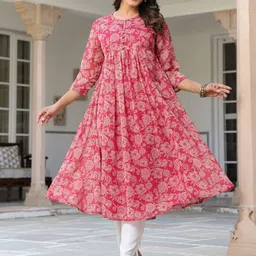 Janasya Women Floral Printed Keyhole Neck Thread Work Floral Kurta-image-35