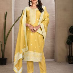 Odette Ethnic Motifs Embroidered Zari Organza Semi-Stitched Dress Material-image-43