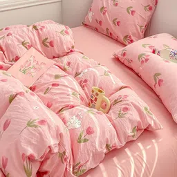 JC HOME Pink & White AC Room Double King Bedding Set-picture-1