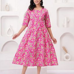 Sanganeri Kurti Floral Print Fit & Flare Round Neck Midi Dress-image-90