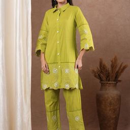 FASHOR Embroidered Pure Cotton Straight Fit Top & Trousers Co-Ords-image-98
