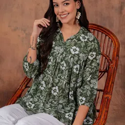 Zenava by Myntra Women Floral Print Shirt Collar Puff Sleeve Cotton Peplum Top-picture-35