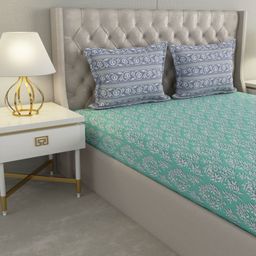 Raymond Home Green & White Floral 110 TC Queen Bedsheet with 2 Pillow Covers-picture-1