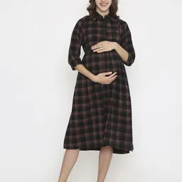 NIGHTSPREE Women Checked Shirt Collar Maternity Fit & Flare Midi Dress-image-92