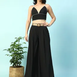Oxolloxo V-Neck Crop Top With Palazzos Co-Ords Set with Belt-image-34
