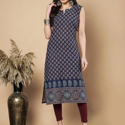 KALINI Floral Printed Notch Neck Sleeveless Cotton Straight Kurta-57