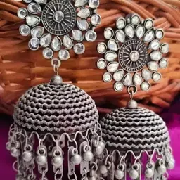 SZN Silver Plated Artificial Studded and Beaded Dome Shaped Jhumkas-7