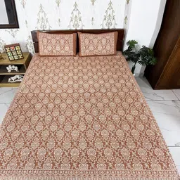 Marika Brown & White Floral 180 TC King Bedsheet with 2 Pillow Covers-picture-41