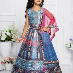 NKV Girls Printed Mirror Work Lehenga With Blouse & Dupatta-image-26