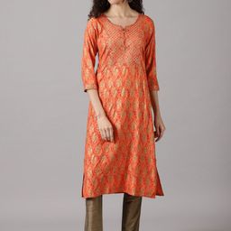 Anouk Orange Ethnic Motifs Printed Round Neck Mirror Work Liva Straight Kurta-13