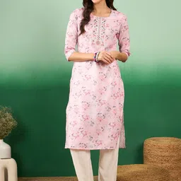 Sangria Floral Printed Thread Work Straight Kurta-image-65