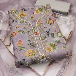 KALINI Floral Printed Beads And Stones Organza Unstitched Dress Material-image-69