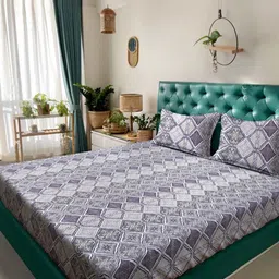 Myntra Elegant Homes Purple & Grey Floral 400 TC Cotton King Bedsheet Set 2.70 m x 2.70 m-image-89
