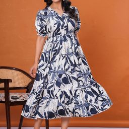 DECORIS Striped Puff Sleeve Fit & Flare Midi Dress-picture-10