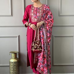 Growdamy Floral Embroidered Sequinned Chanderi Silk Straight Kurta With Trousers & Dupatta-17