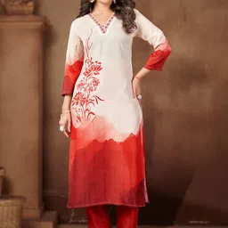 MOJILAA Floral Printed V-Neck Sequinned Straight Kurta With Trousers-image-36