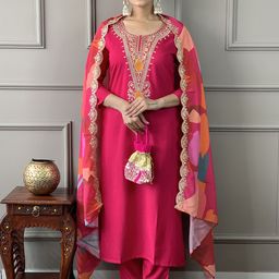 Fashion Care Women Ethnic Motifs Embroidered Regular Silk Crepe Kurti with Trousers & With Dupatta-30