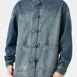 HERE&NOW Men Mandarin Collar Washed Self Design Casual Denim Jacket-image-48