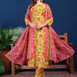 BAPS Floral Printed Notch Neck Pure Cotton Straight Kurta With Trousers & Dupatta-image-35