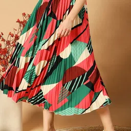 ZWERLON Printed Accordion Pleated Flared Maxi Skirt With Belt-image-26