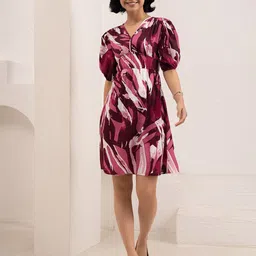 AASK Women Wine Abstract Print Crush Crepe Above Knee Dress-image-25