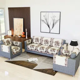 Aura Brown & Off White Printed Cotton Sofa Cover With Arms-12