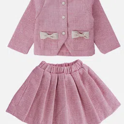 Little Surprise Box LLP Girls Round Neck Dual Bow Tweed Top with Skirt-image-40