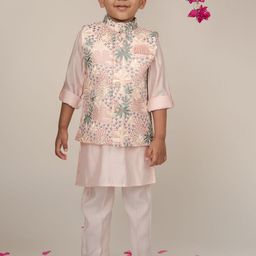 LITTLE COLLARS Boys Floral Embroidered Thread Work Kurta with Pyjamas & Nehru jacket-image-7
